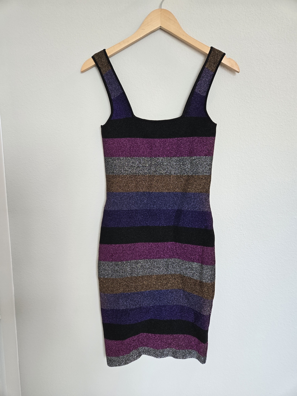 Sleek Striped Metallic Bodycon Dress in Purple and Black